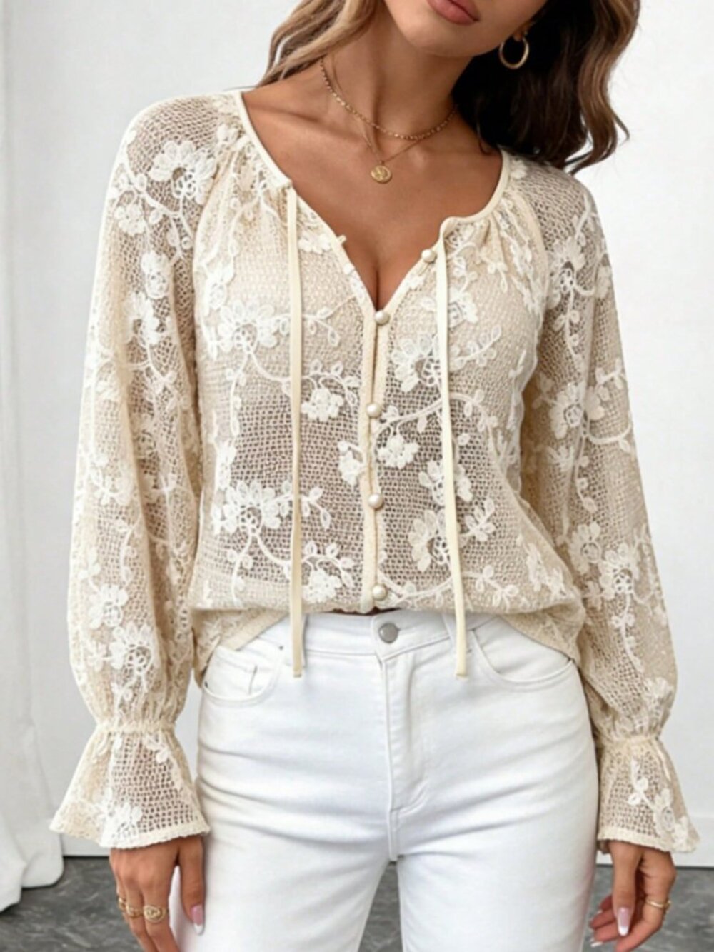 Apricot Casual Women's Floral Knit V-Neck Blouse with Pearl Buttons - Picture 6 of 7